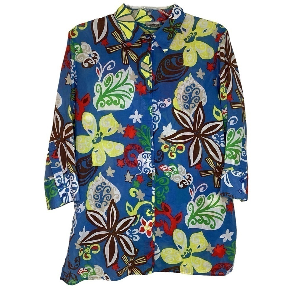 Chicos Button Down Shirt 3/4 Sleeves Sz L‎ Blue